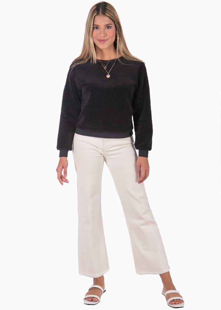 Buzo con pelo sintético manga larga color negro para mujer - Flashy