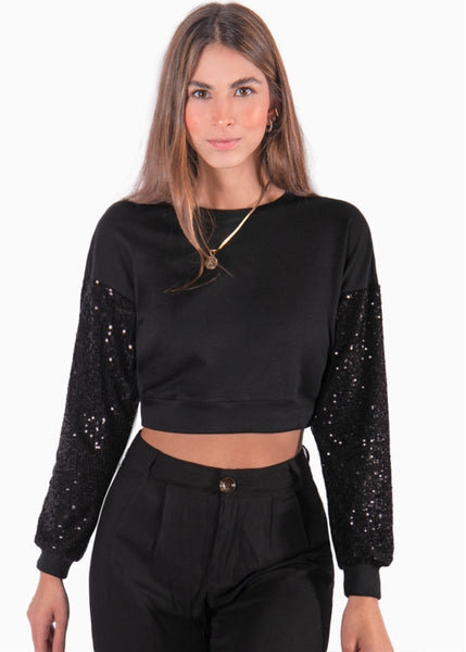 Buzo corto con mangas de lentejuelas color negro para mujer - Flashy