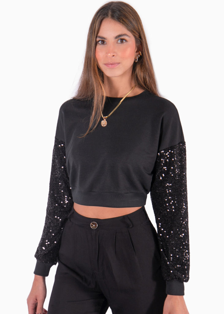 Buzo corto con mangas de lentejuelas color negro para mujer - Flashy