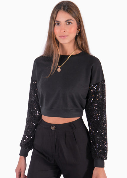 Buzo corto con mangas de lentejuelas color negro para mujer - Flashy