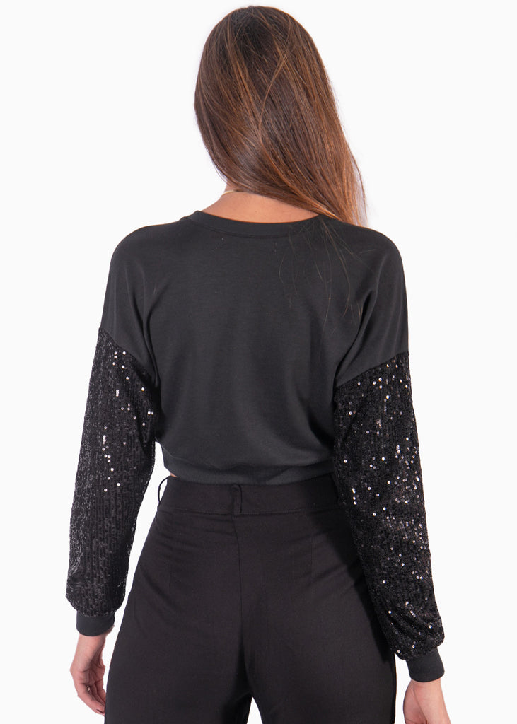 Buzo corto con mangas de lentejuelas color negro para mujer - Flashy