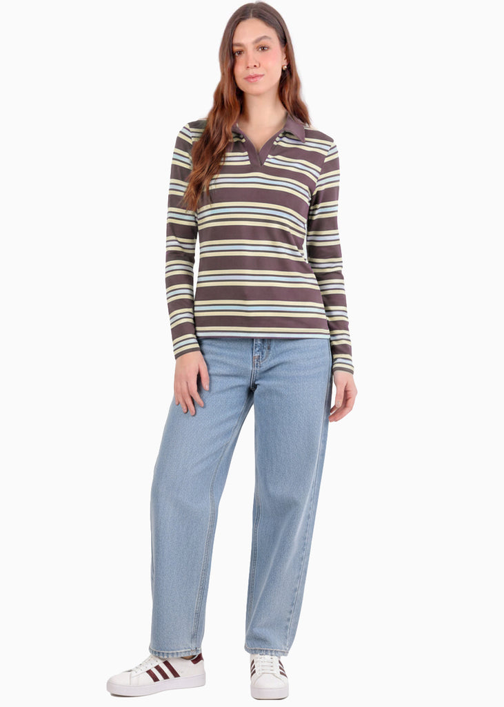 Buzo tipo polo a rayas con cuello y perilla en contraste - WISCONSIN