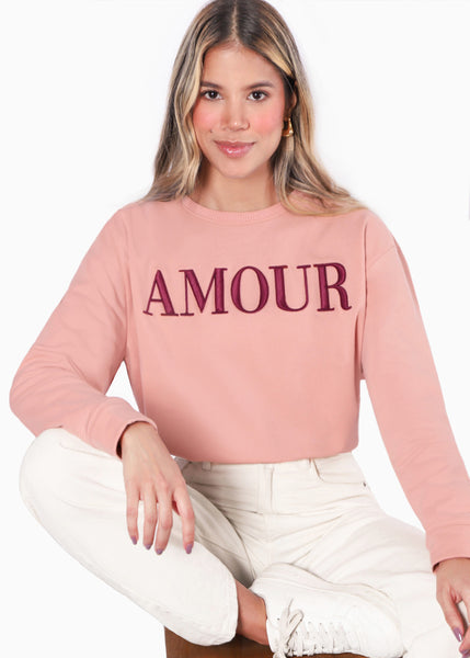 Buzo con bordado "Amour" color rosado para mujer - Flashy