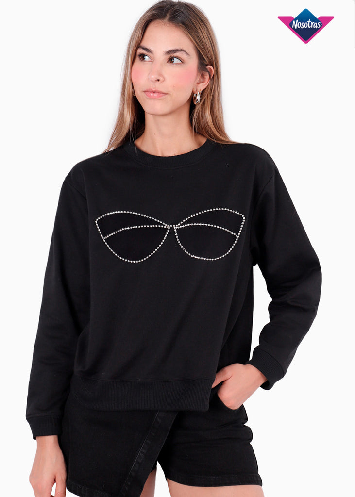 Buzo con bordado de brillo en frente color negro para mujer - Flashy