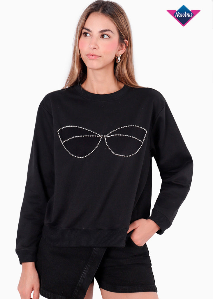 Buzo con bordado de brillo en frente color negro para mujer - Flashy