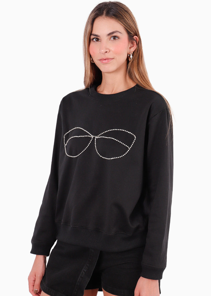 Buzo con bordado de brillo en frente color negro para mujer - Flashy