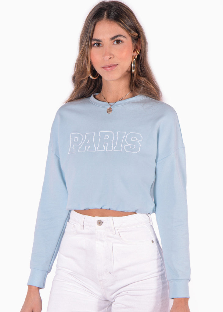 Buzo corto con bordado "Paris" color azul para mujer - Flashy