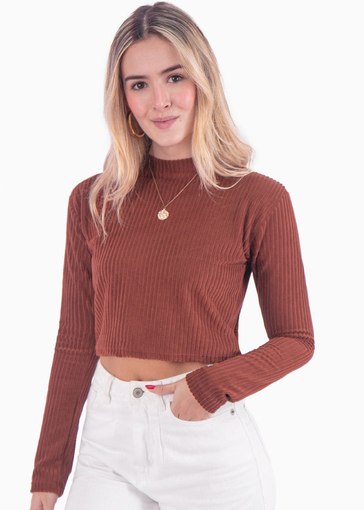 Buzo corto manga larga con cuello alto color café para mujer - Flashy