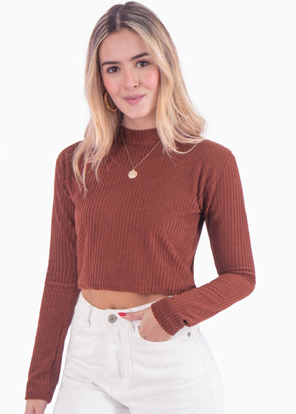 Buzo corto manga larga con cuello alto color café para mujer - Flashy