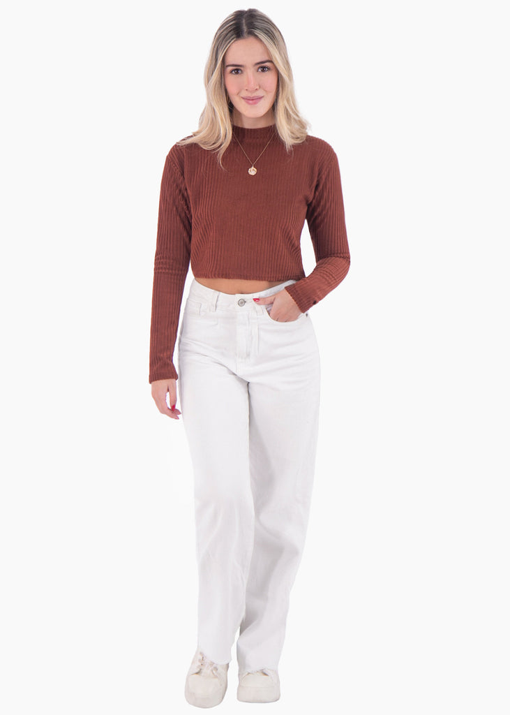 Buzo corto manga larga con cuello alto color café para mujer - Flashy