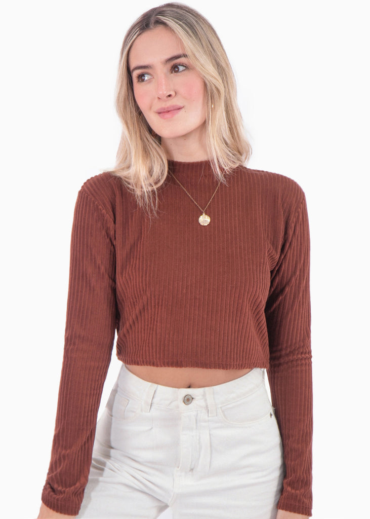 Buzo corto manga larga con cuello alto color café para mujer - Flashy