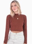 Buzo corto manga larga con cuello alto color café para mujer - Flashy
