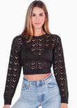 Buzo crop tejido desagujado con anudado en espalda color negro para mujer - Flashy