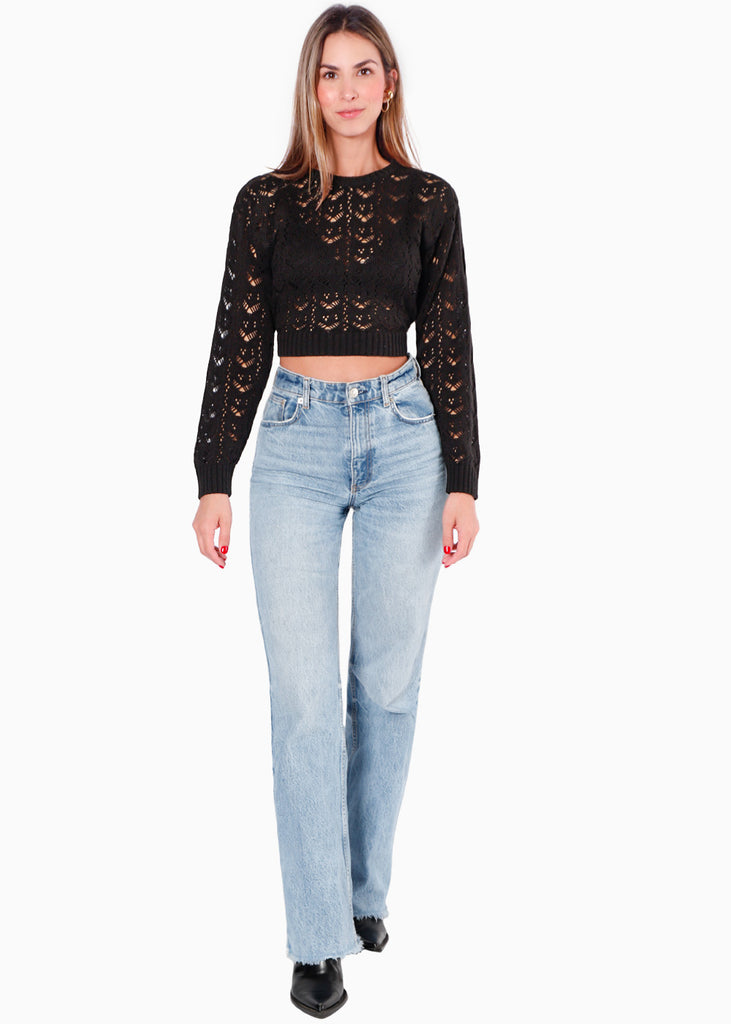 Buzo crop tejido desagujado con anudado en espalda color negro para mujer - Flashy