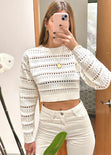 Buzo crop tejido desagujado color blanco, marfil para mujer - Flashy