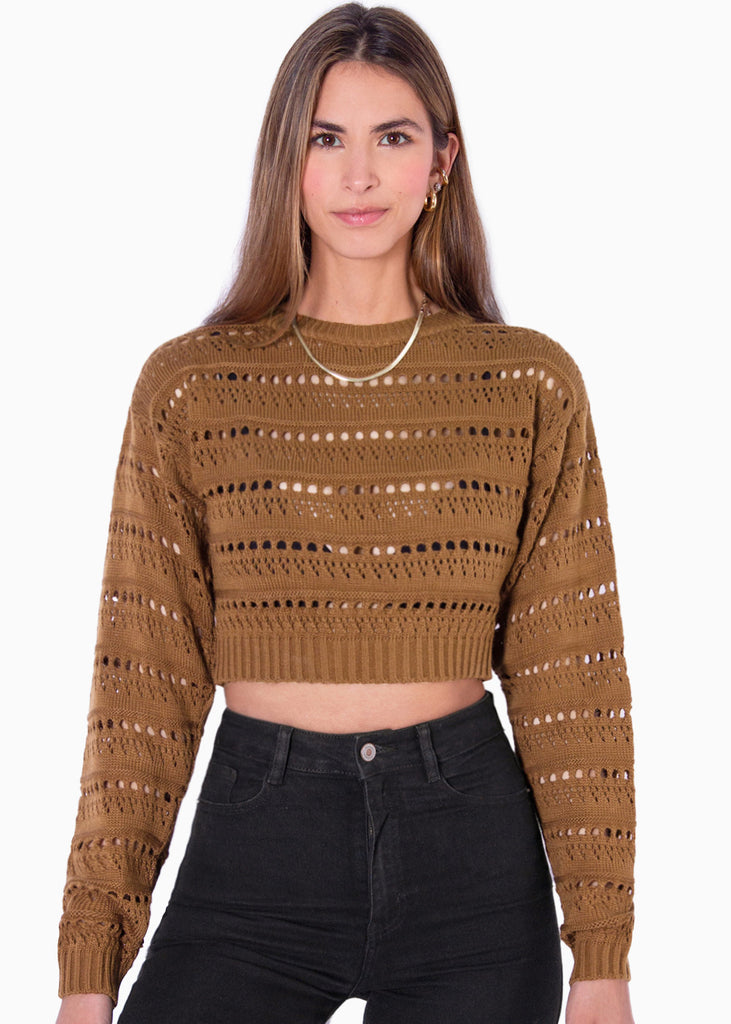 Buzo crop tejido desagujado color café para mujer - Flashy