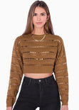 Buzo crop tejido desagujado color café para mujer - Flashy