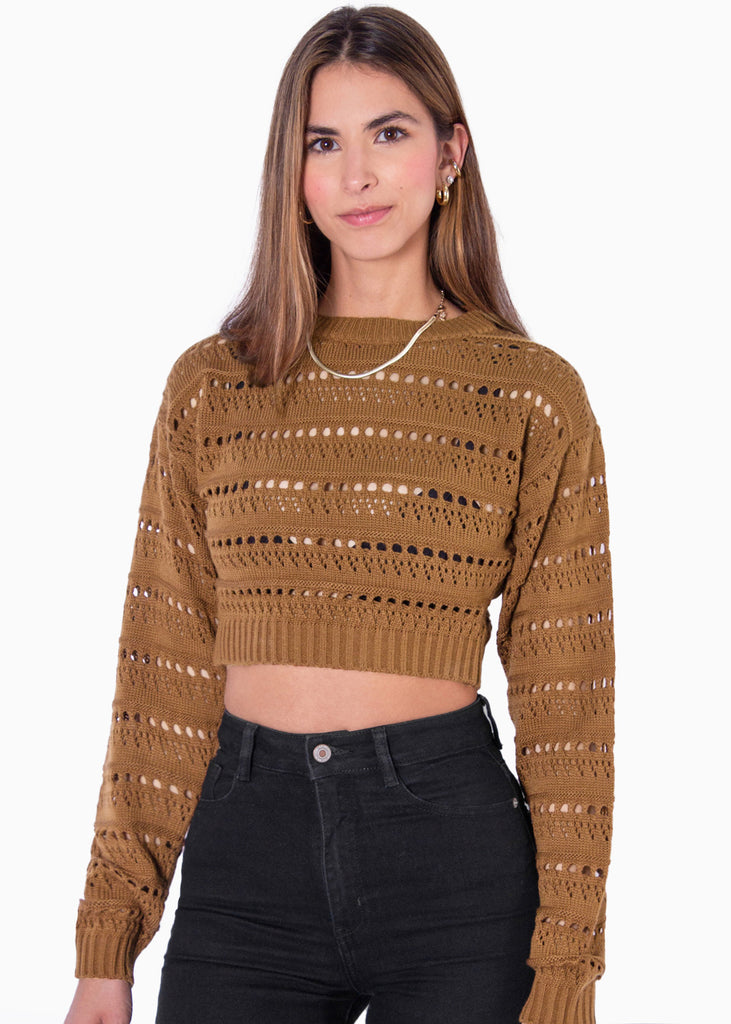 Buzo crop tejido desagujado color café para mujer - Flashy