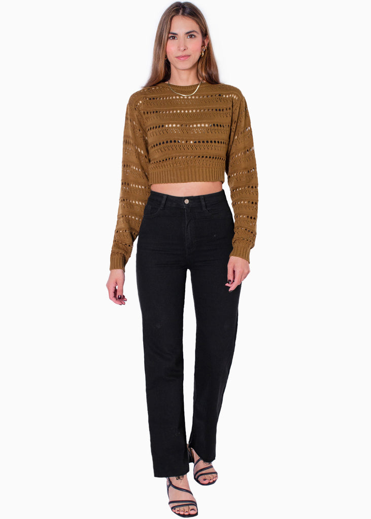 Buzo crop tejido desagujado color café para mujer - Flashy