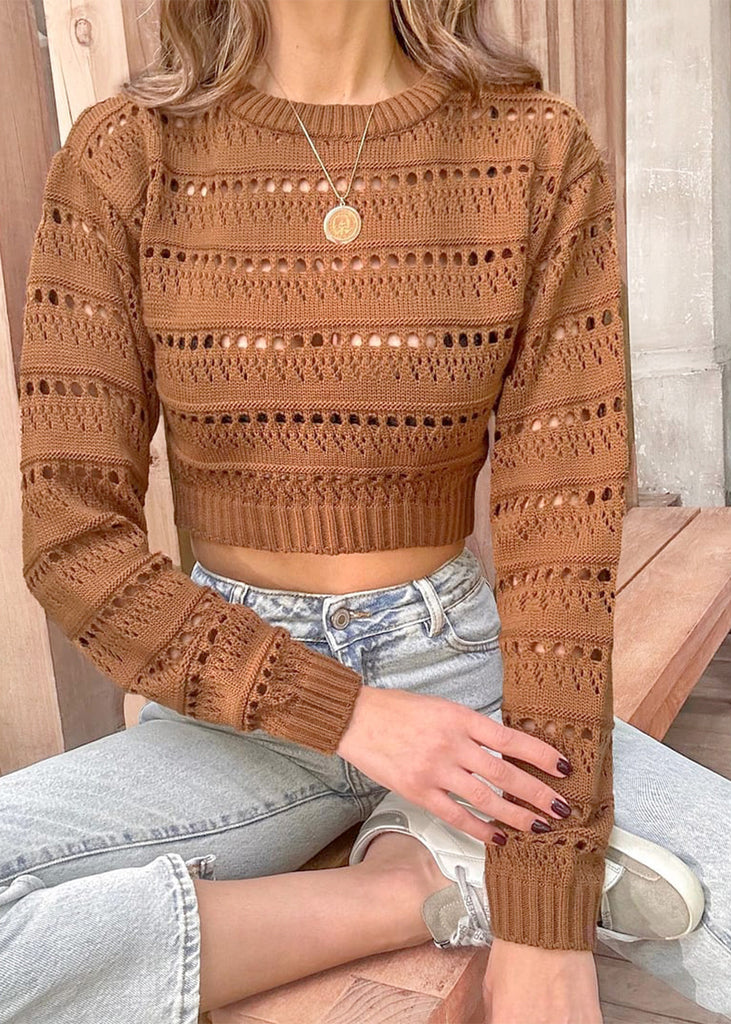 Buzo crop tejido desagujado color café para mujer - Flashy