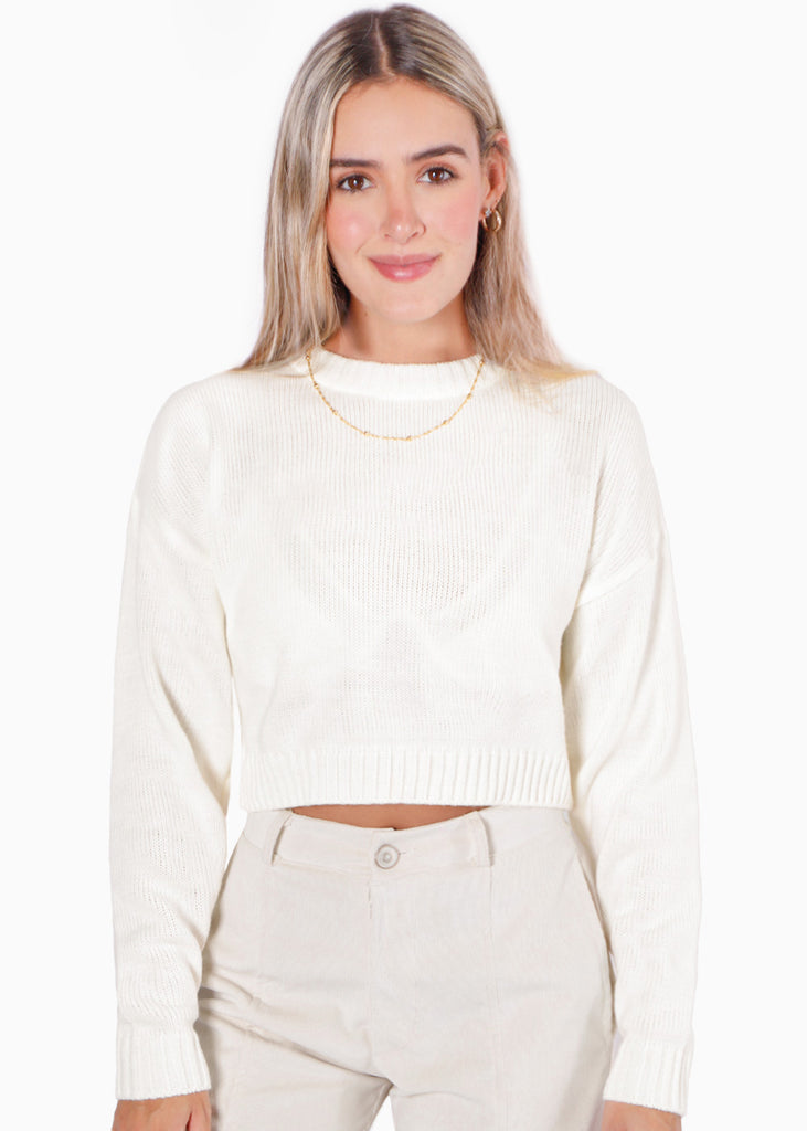Buzo crop tejido color blanco, marfil para mujer - Flashy