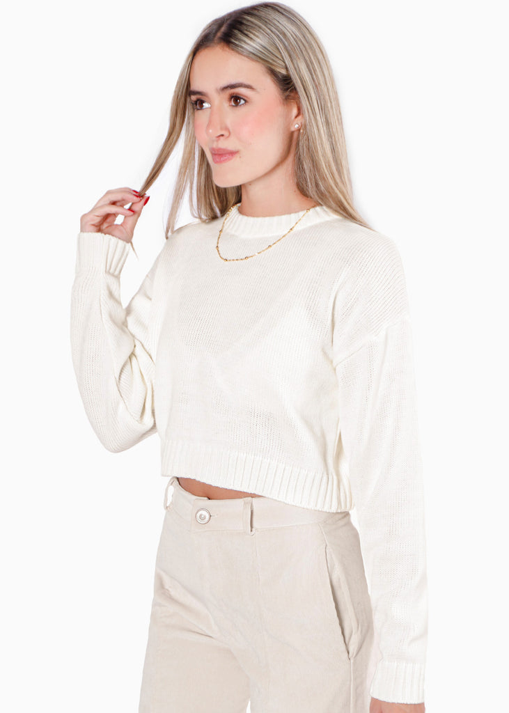Buzo crop tejido color blanco, marfil para mujer - Flashy