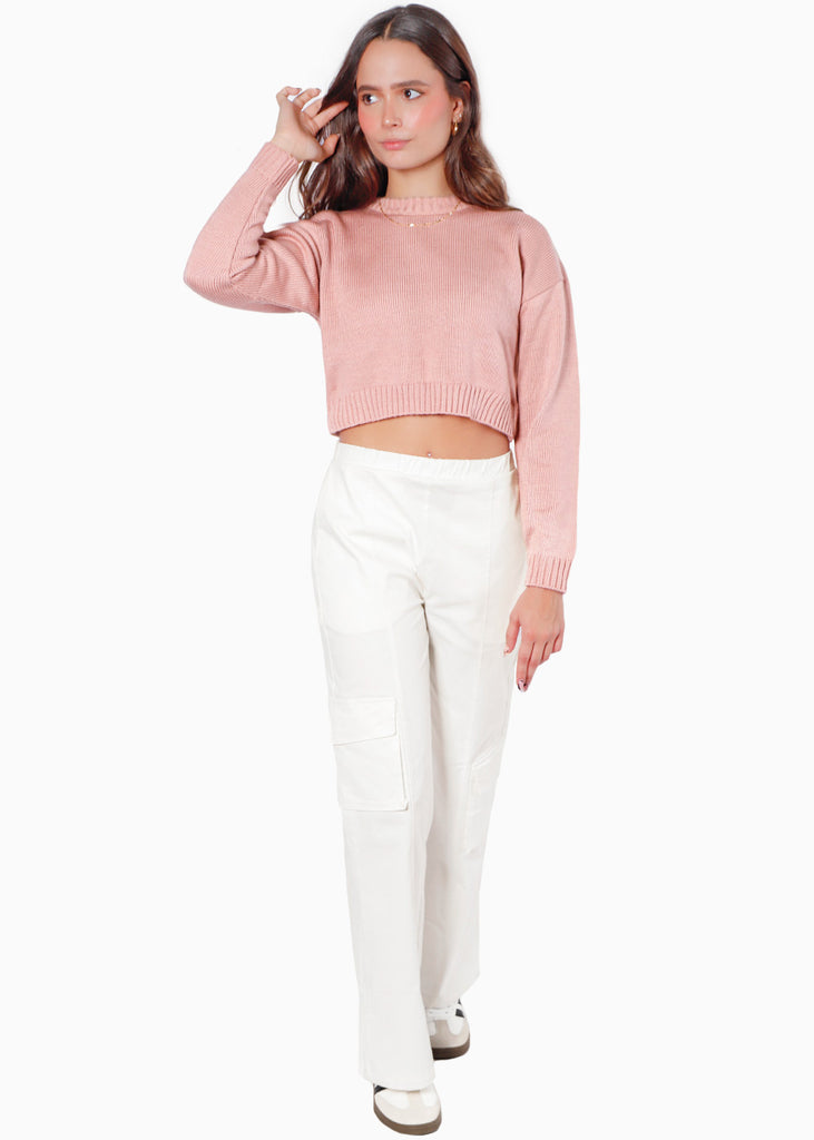 Buzo crop tejido color rosado para mujer - Flashy