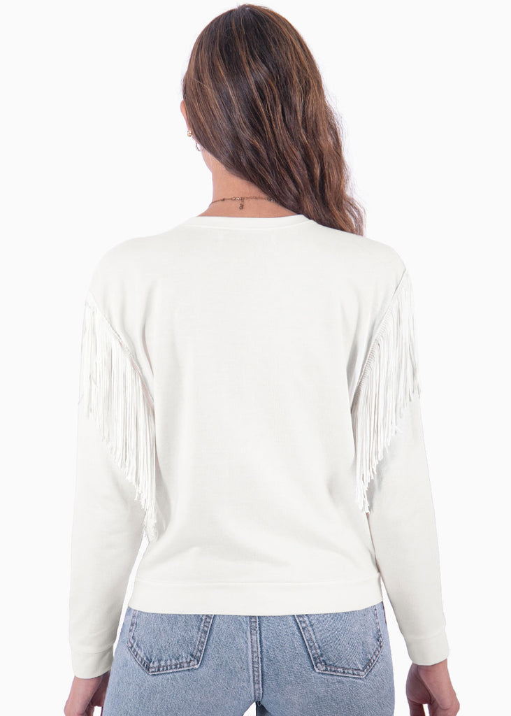 Buzo cuello redondo con flecos en mangas color marfil, blanco para mujer - Flashy