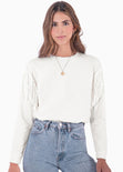 Buzo cuello redondo con flecos en mangas color marfil, blanco para mujer - Flashy
