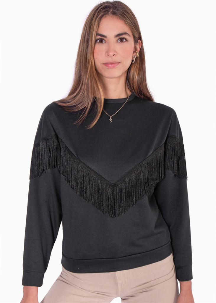 Buzo cuello redondo con flecos color negro para mujer - Flashy