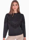 Buzo cuello redondo con flecos color negro para mujer - Flashy