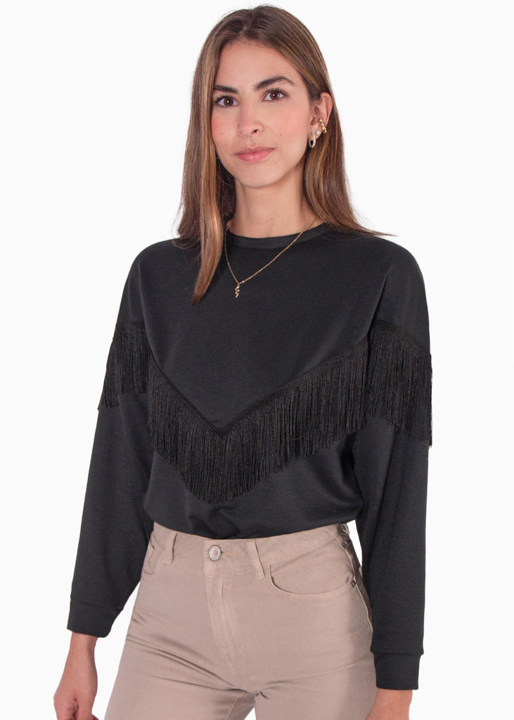 Buzo cuello redondo con flecos color negro para mujer - Flashy
