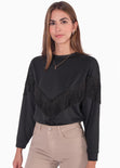 Buzo cuello redondo con flecos color negro para mujer - Flashy