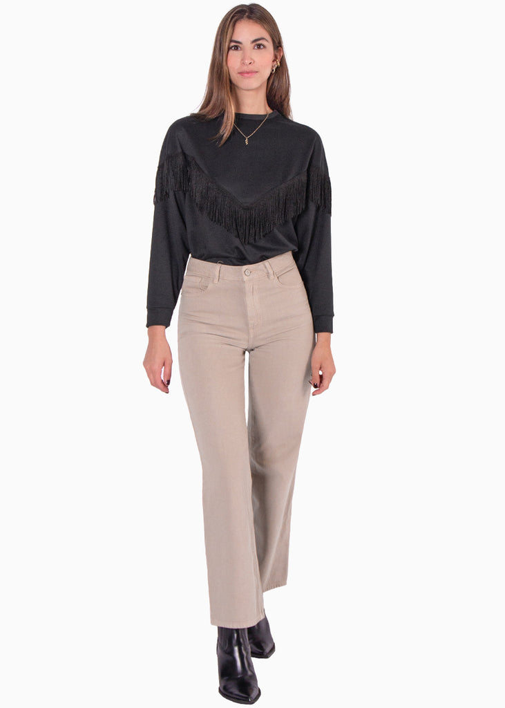 Buzo cuello redondo con flecos color negro para mujer - Flashy