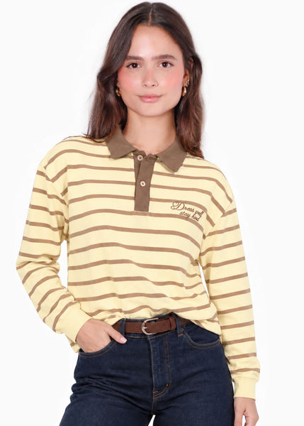 Buzo de rayas tipo polo con texto bordado y cuello en contraste - BESTIE