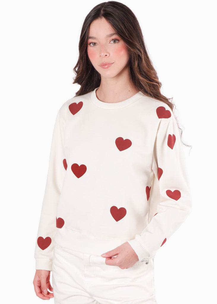 Buzo estampado de corazones color blanco, marfil para mujer - Flashy