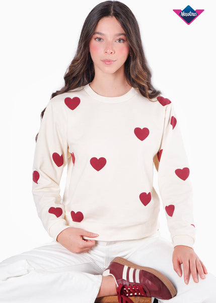 Buzo estampado de corazones color blanco, marfil para mujer - Flashy