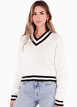 Buzo tejido con escote en v y con puños y escote en contraste color blanco, marfil para mujer - Flashy
