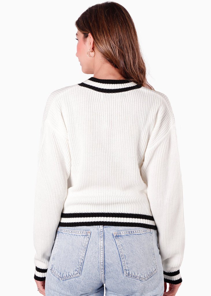 Buzo tejido con escote en v y con puños y escote en contraste color blanco, marfil para mujer - Flashy