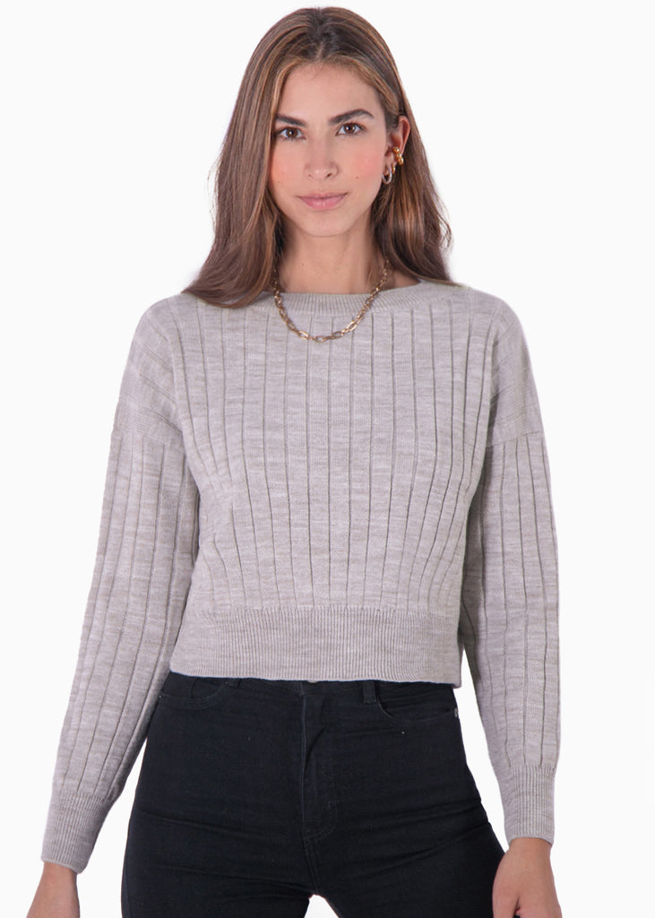 Buzo tejido manga larga con cuello redondo color gris para mujer - Flashy