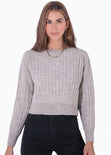 Buzo tejido manga larga con cuello redondo color gris para mujer - Flashy