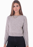 Buzo tejido manga larga con cuello redondo color gris para mujer - Flashy