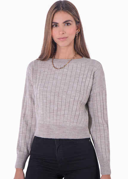 Buzo tejido manga larga con cuello redondo color gris para mujer - Flashy