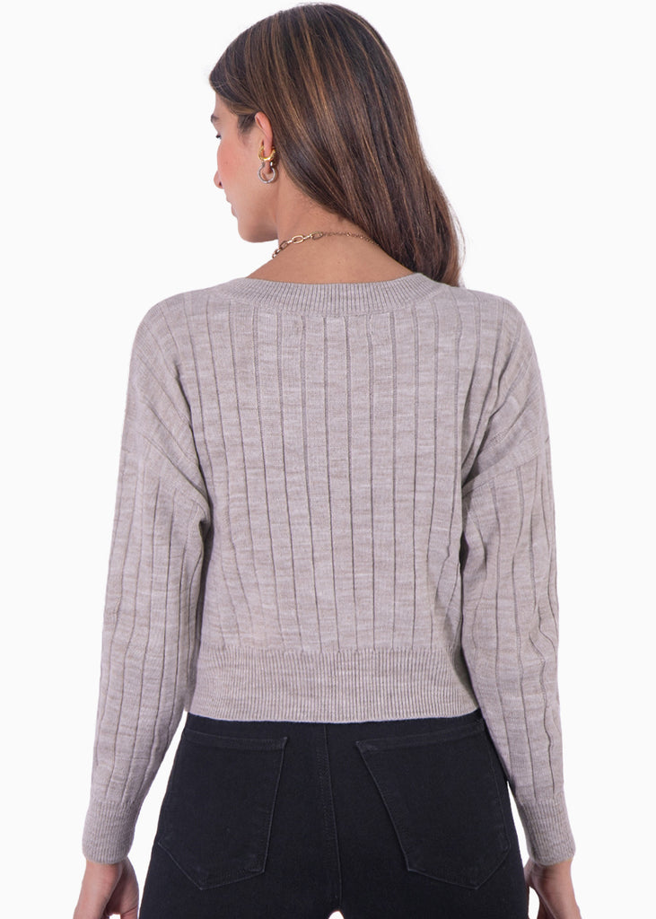 Buzo tejido manga larga con cuello redondo color gris para mujer - Flashy