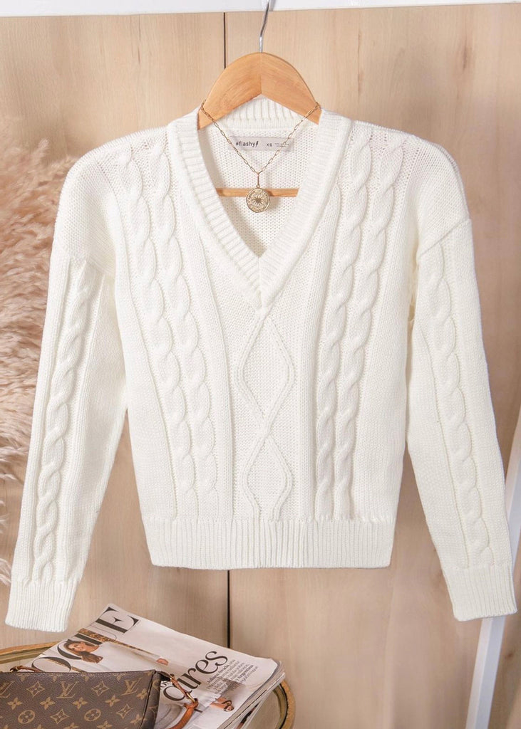 Buzo tejido manga larga con escote en v color blanco, marfil para mujer - Flashy