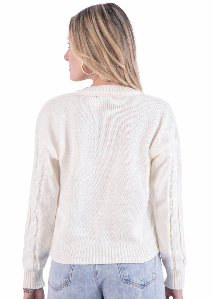 Buzo tejido manga larga con escote en v color blanco, marfil para mujer - Flashy