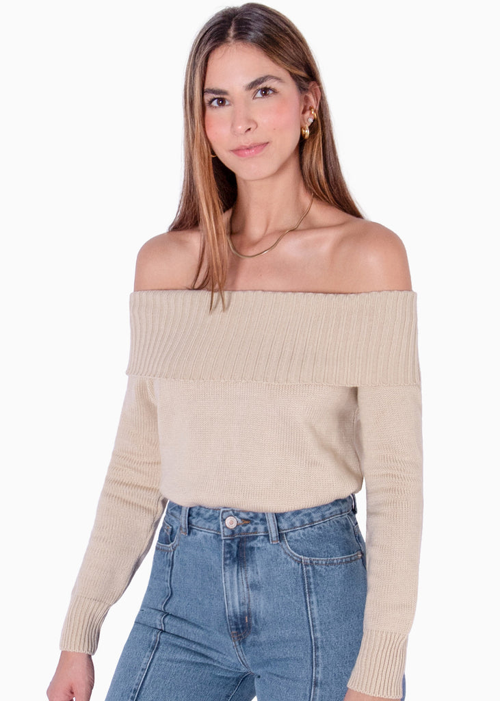 Buzo tejido manga larga con escote off shoulder color beige para mujer - Flashy