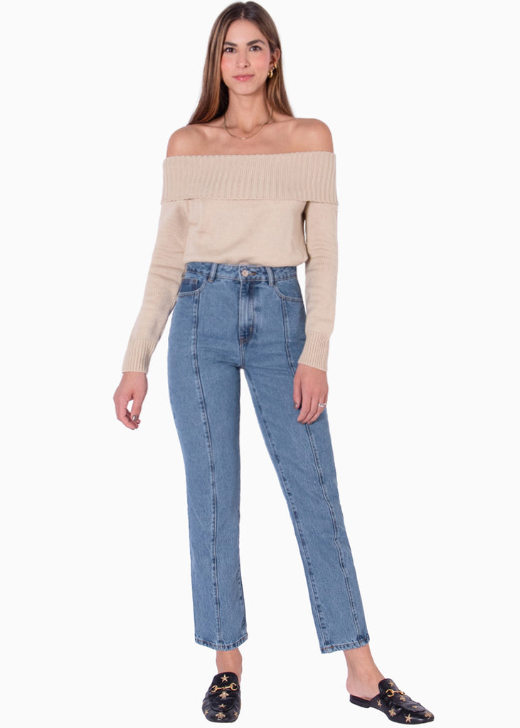 Buzo tejido manga larga con escote off shoulder color beige para mujer - Flashy
