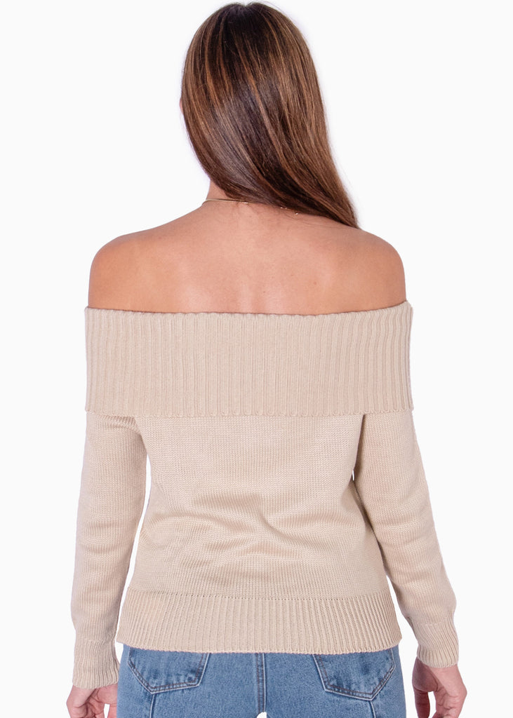 Buzo tejido manga larga con escote off shoulder color beige para mujer - Flashy