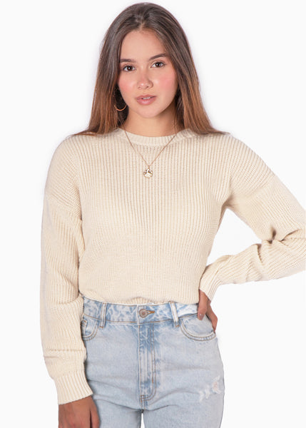 Buzo tejido manga larga color beige, marfil para mujer - Flashy